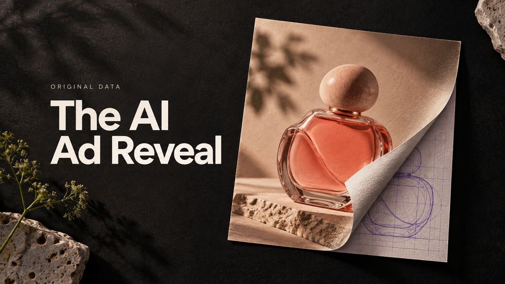 Conceptual unbranded product-ad print with a peeled corner revealing construction lines beside The AI Ad Reveal.