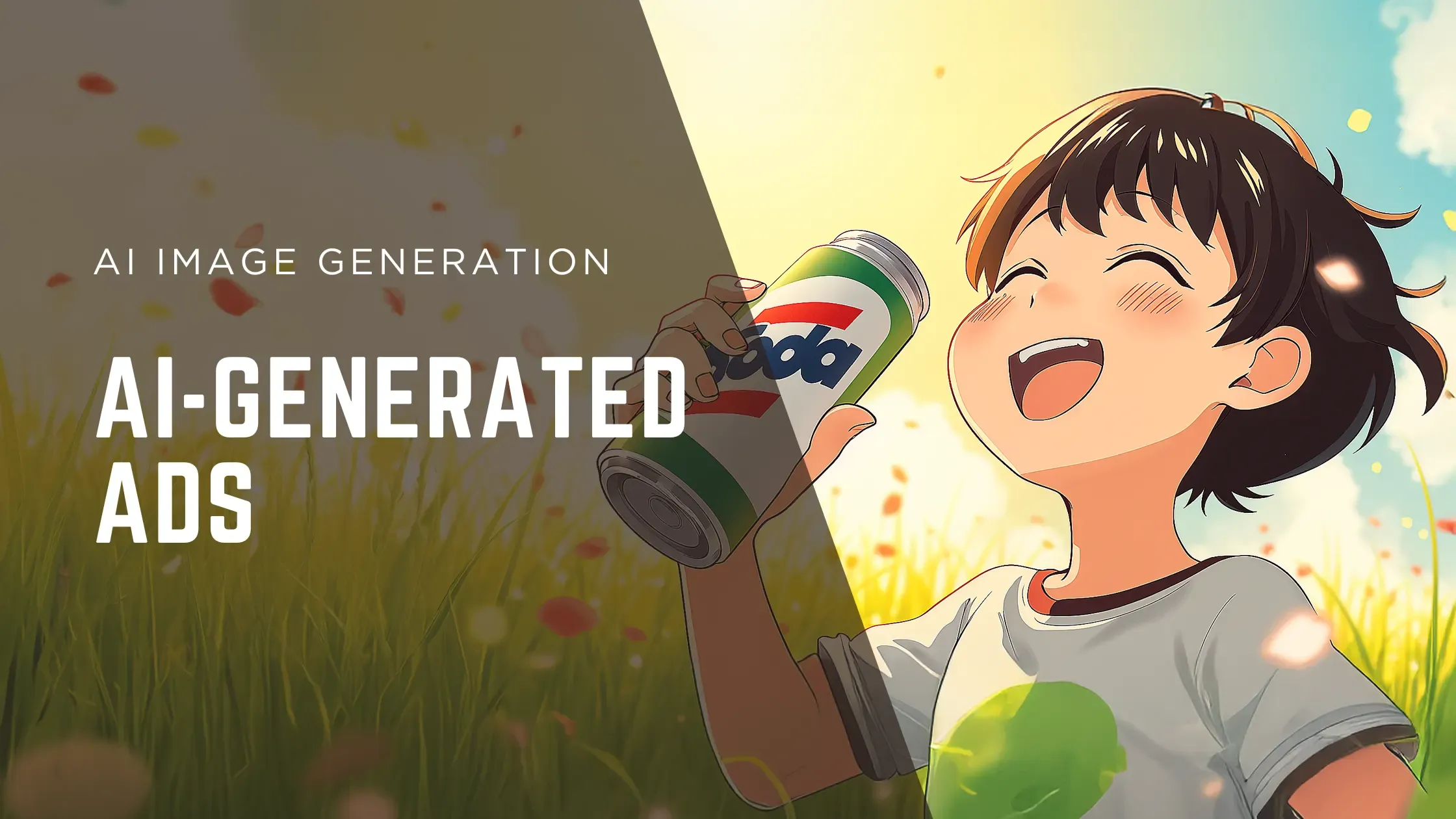 AI generated ad of a little boy drinking soda in a field.