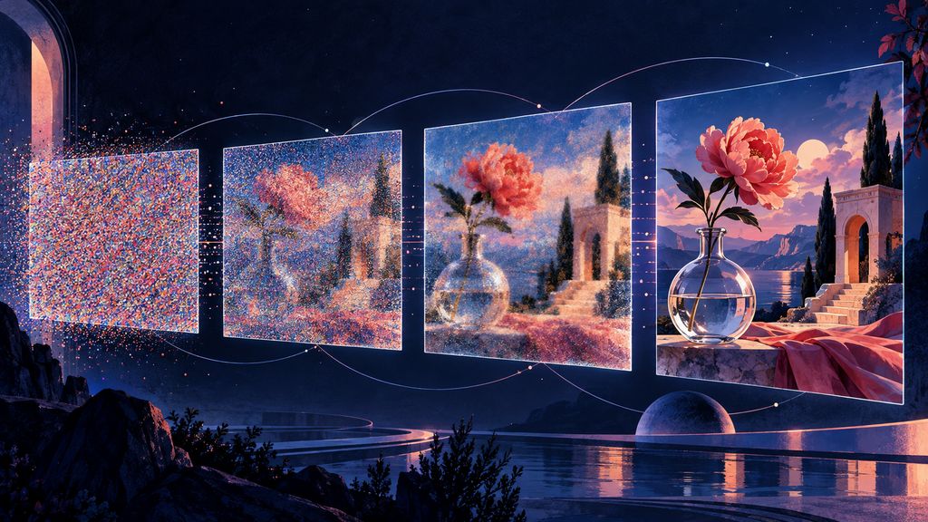 Illustrated denoising sequence resolving colored noise into a flower, glass vase, and architectural scene