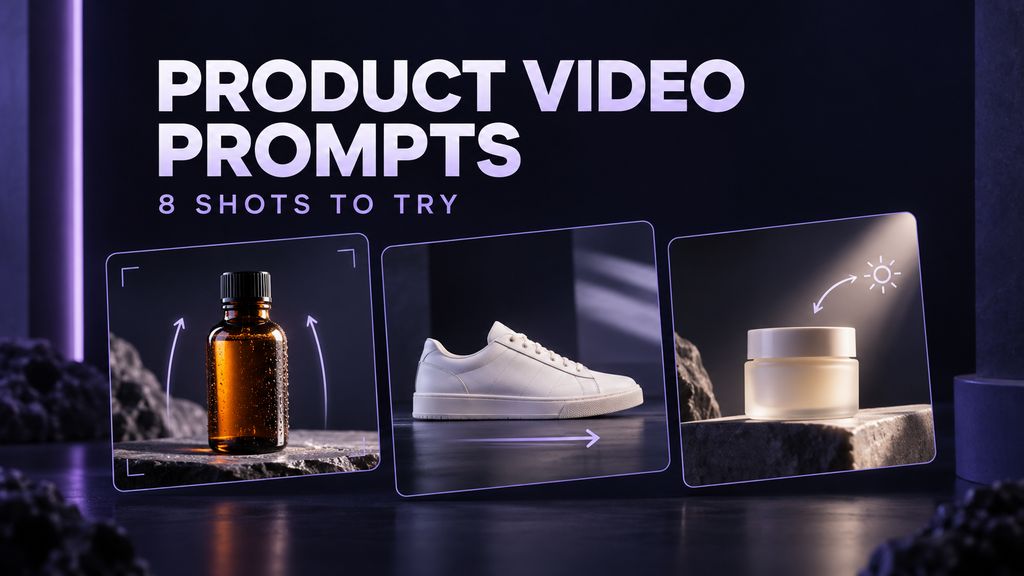 Product-video shot concepts: an amber bottle, a white shoe, and a cream jar