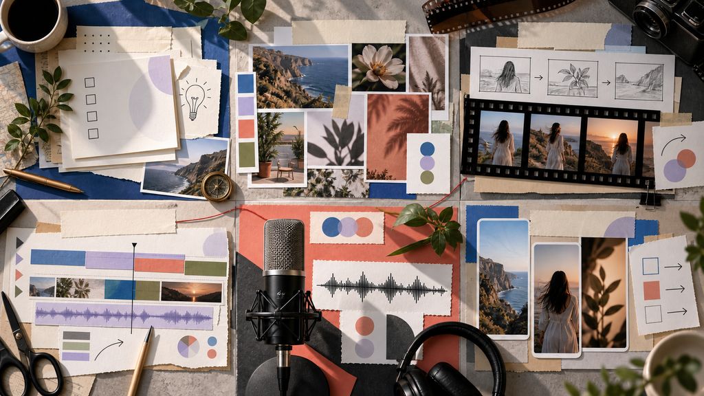 Editorial creator workspace showing planning, image, video, editing, voice and repurposing workflows