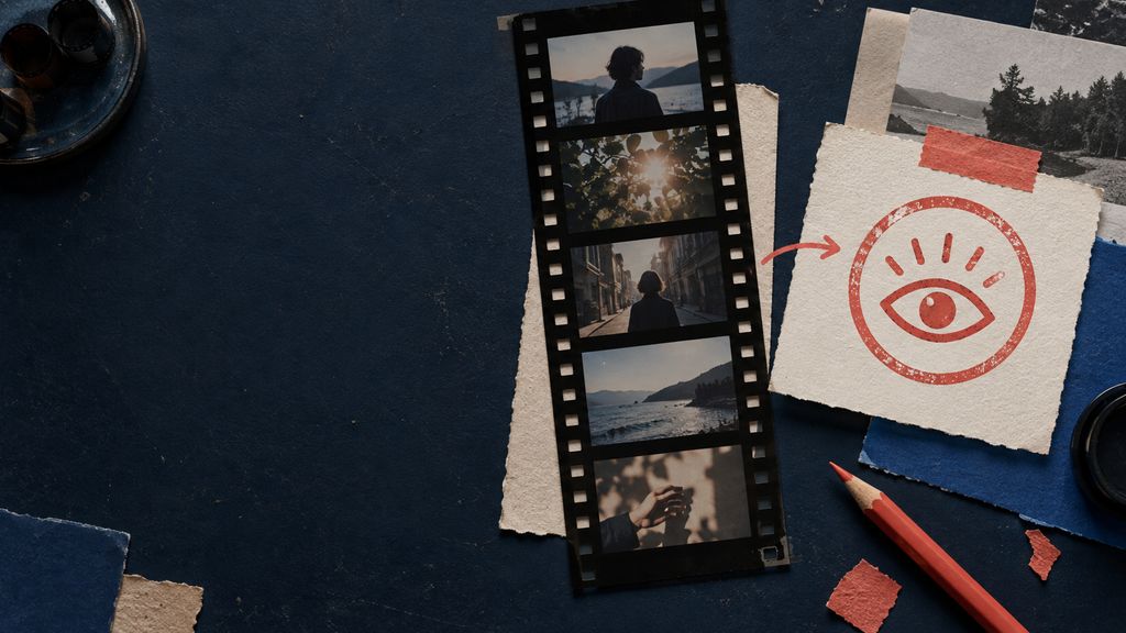 Film strip beside a marked synthetic-media disclosure note on an editorial worktable