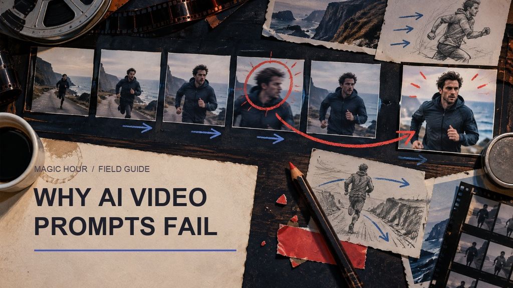 Editorial film contact sheet showing a running subject, a circled motion error, and the corrected frame