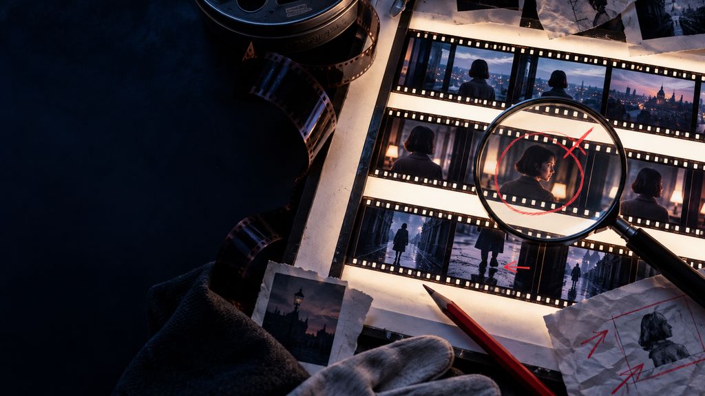 A film editor's lightbox with contact sheets, a magnifying glass inspecting one frame, and red pencil annotations on continuity defects; tangible quality review