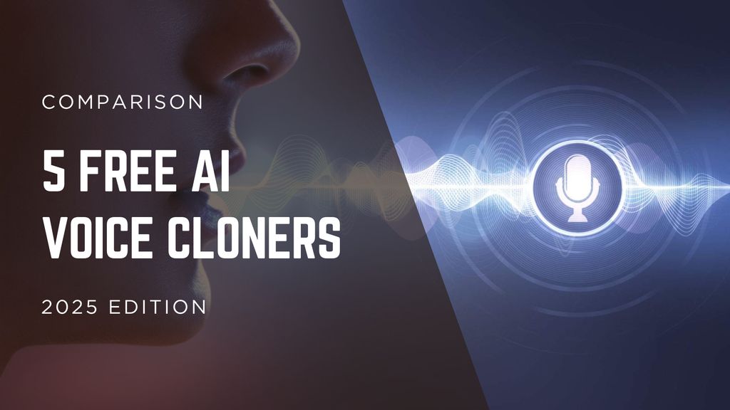 5 Free AI Voice Cloners in 2025” with icons of microphones, waveforms, and AI tools.