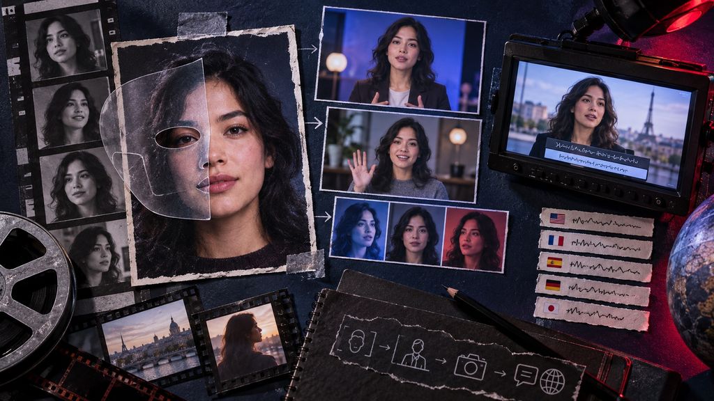 Editorial collage of portrait film frames, a face mask overlay, a broadcast monitor and multilingual video strips