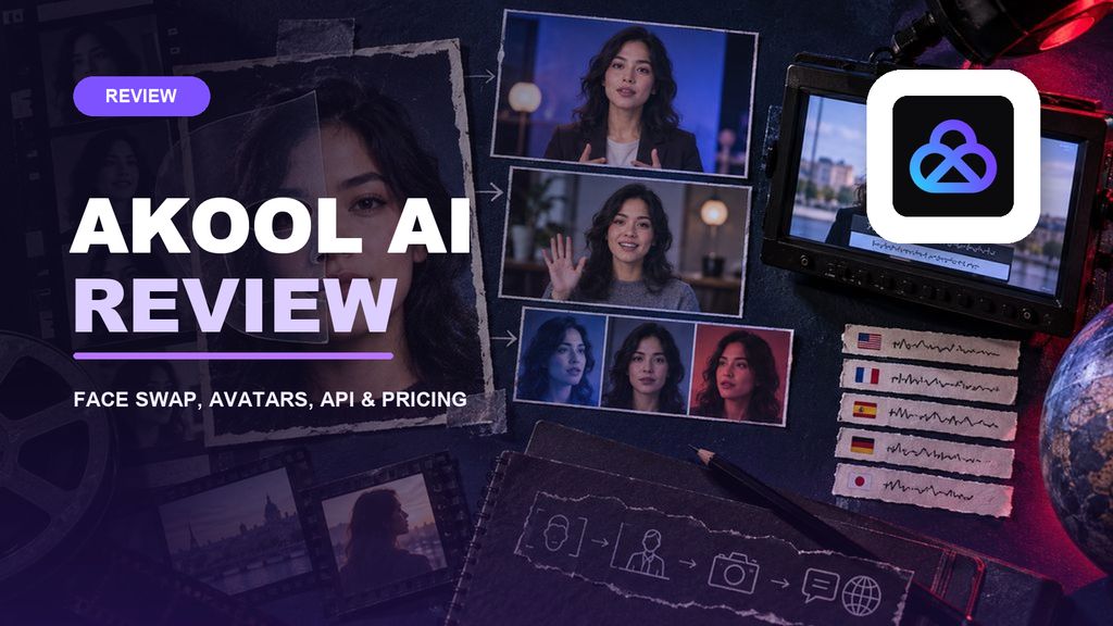 Akool AI review cover with the official Akool logo and face swap, avatar, API, and pricing imagery