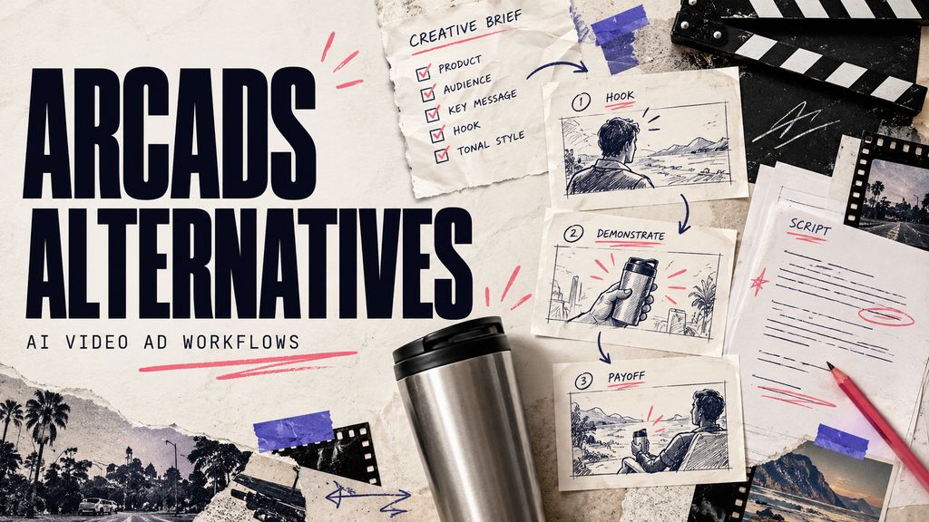 Arcads alternatives: editorial collage of a creative brief, travel mug, clapperboard and hand-drawn video-ad storyboards.