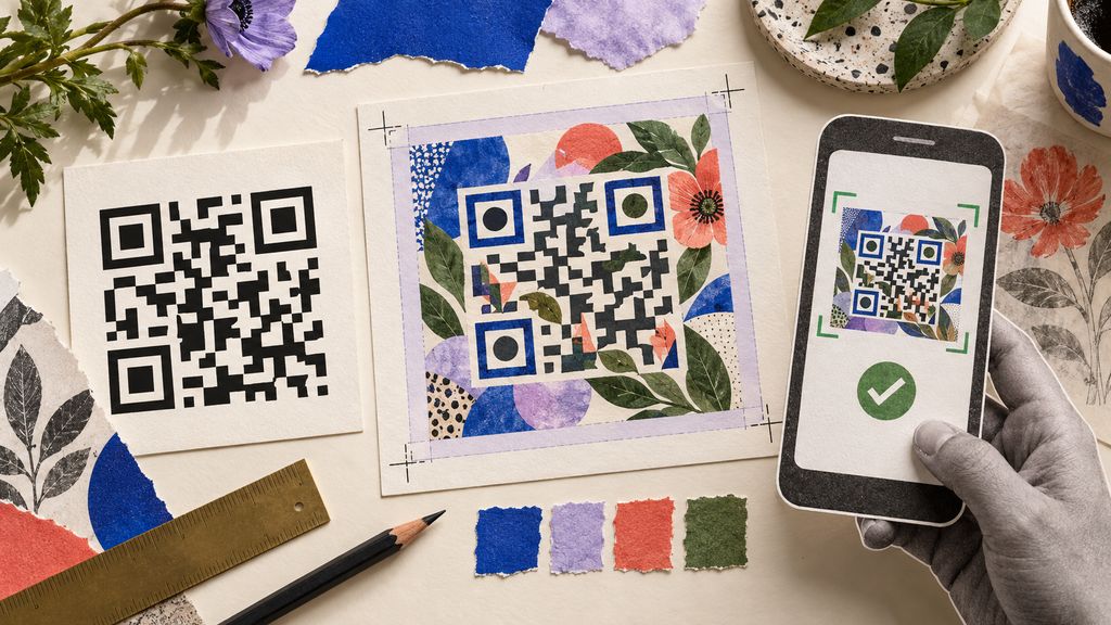 Editorial illustration of a clean QR pattern, an artistic QR design and a phone scan verification workflow