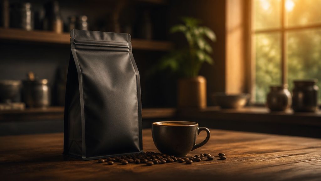 AI-generated unbranded coffee bag and espresso source image used in the September 2026 Magic Hour image-to-video benchmark