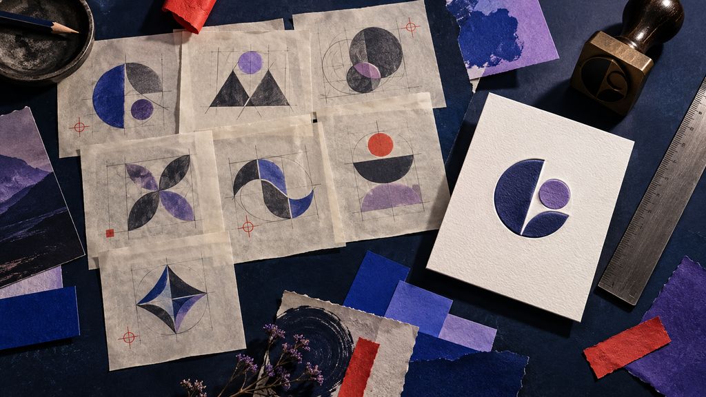 Editorial design desk with abstract logo sketches, tracing paper, color swatches and an embossed geometric mark