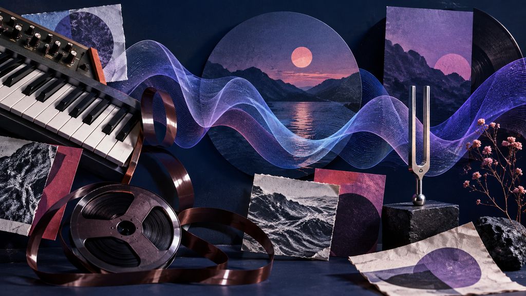 Editorial collage of synthesizer keys, tape loops, waveforms and a tuning fork representing AI music generation