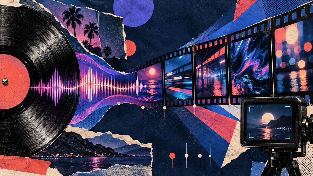Editorial collage showing a vinyl record and waveform becoming a sequence of cinematic film frames