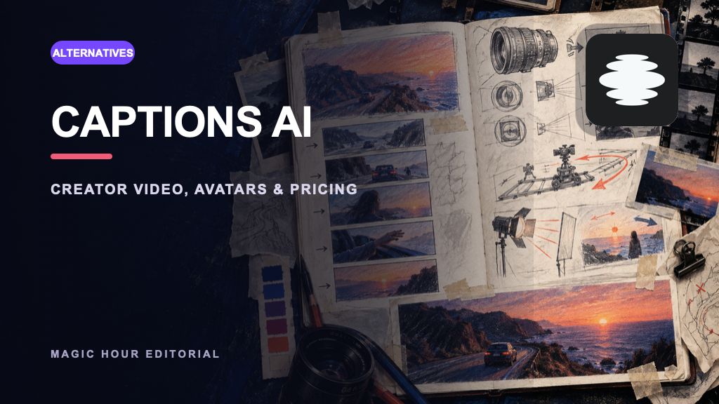 Captions AI logo on a distinct editorial collage for a current review and alternatives guide