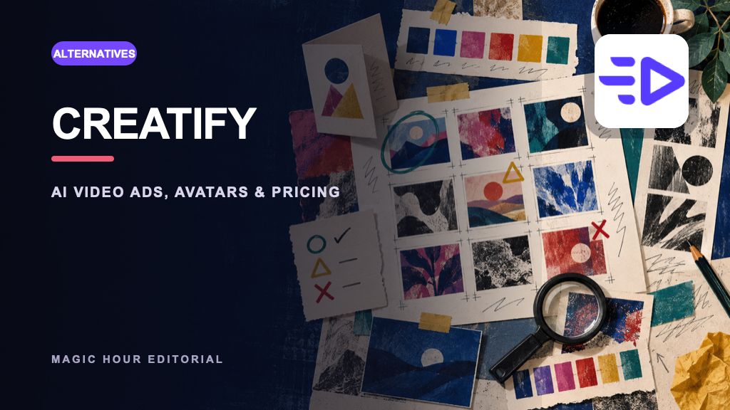 Creatify logo on a distinct editorial collage for a current review and alternatives guide