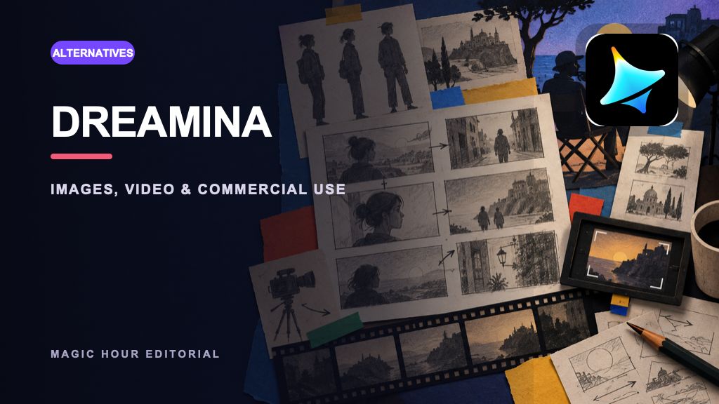 Dreamina logo on a distinct editorial collage for a current review and alternatives guide