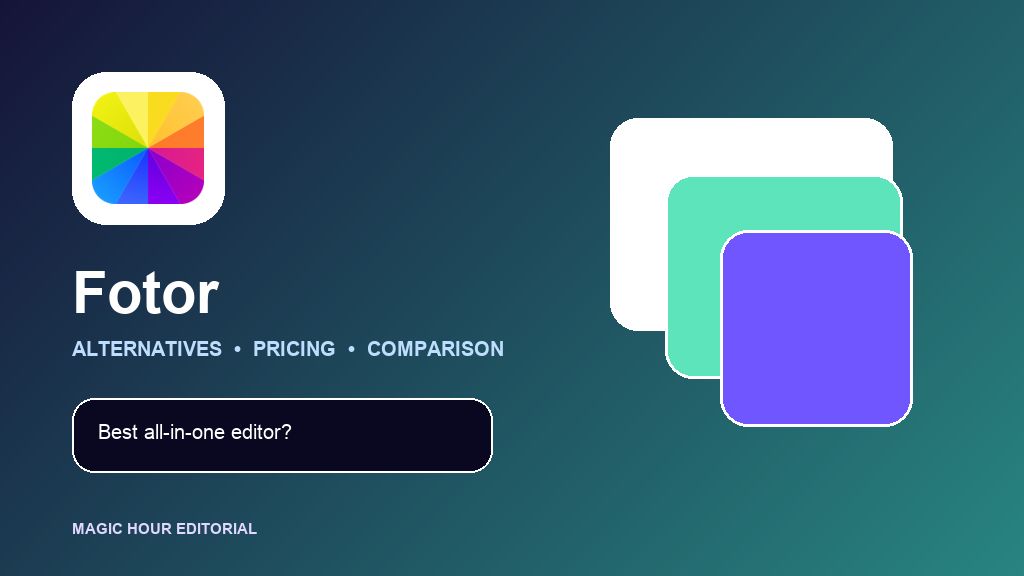 Fotor logo with layered product images for an alternatives and pricing comparison