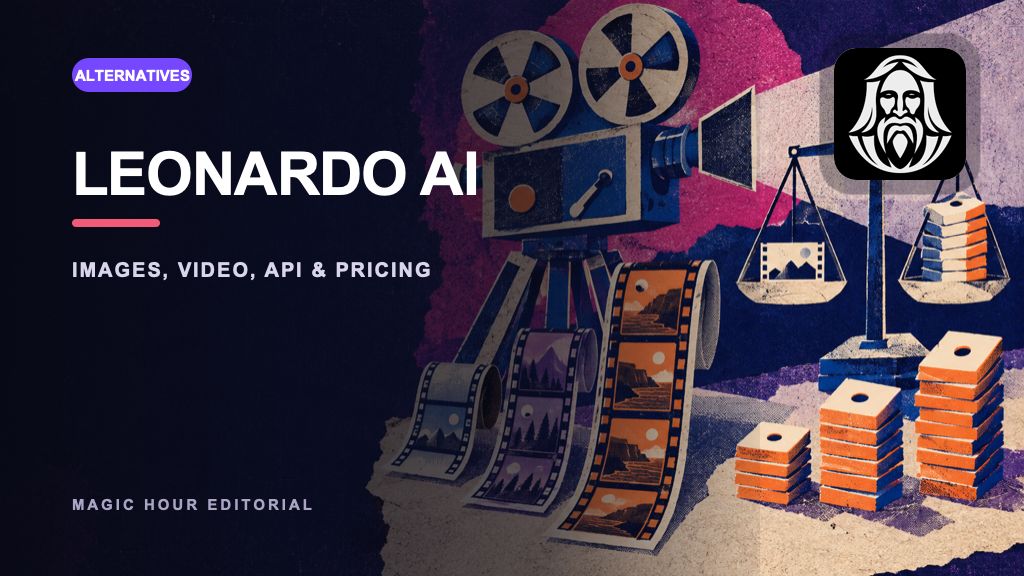 Leonardo AI logo on a distinct editorial collage for a current review and alternatives guide
