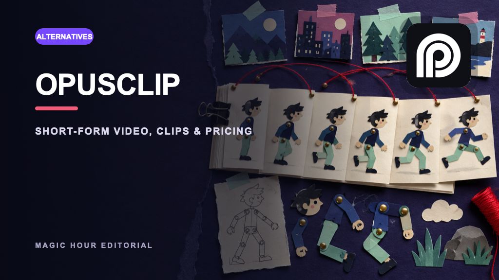 OpusClip logo on a distinct editorial collage for a current review and alternatives guide