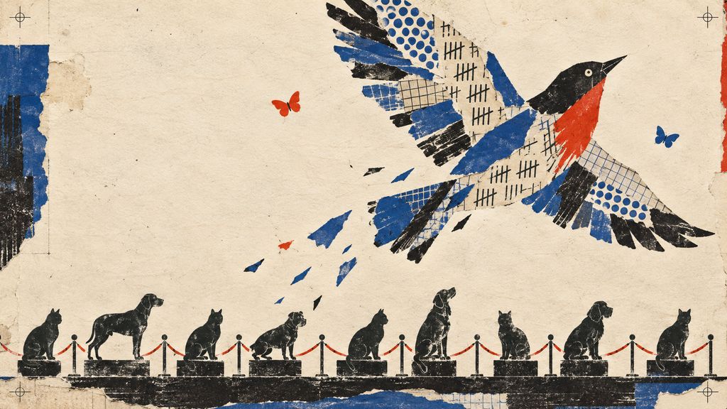 Risograph collage of a bird breaking above a museum row of cat and dog silhouettes