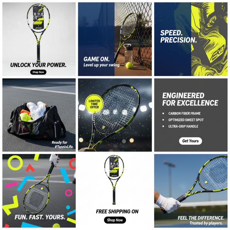 Existing Magic Hour product-gallery demonstration: nine ad concepts featuring a tennis racket; not a controlled comparison or measured campaign