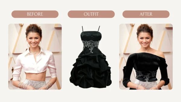 Three-panel Clothes Changer illustration showing a person photo, a black garment reference and an outfit preview.