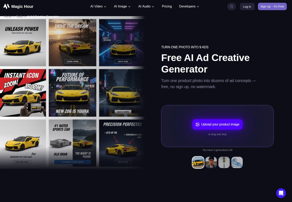 Magic Hour official AI Ad Creative Generator page and upload workflow, captured October 14, 2026 Pacific