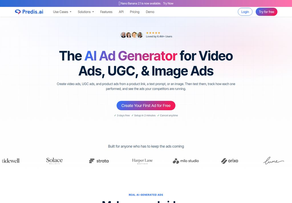 Predis.ai official page showing its advertising and social content workflows, captured October 14, 2026 Pacific