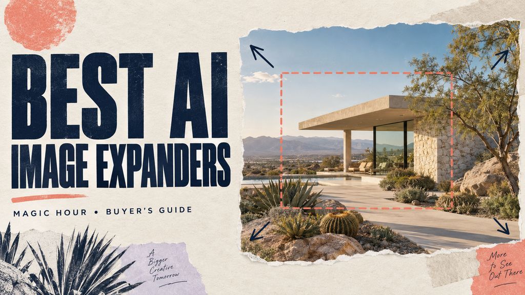 Editorial cover for best AI image expanders, with a desert-house photograph, expanded crop frame and paper collage