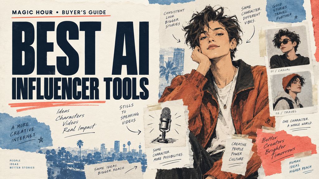 Editorial illustration for best AI influencer generators, with an illustrated fictional persona and a character-reference collage