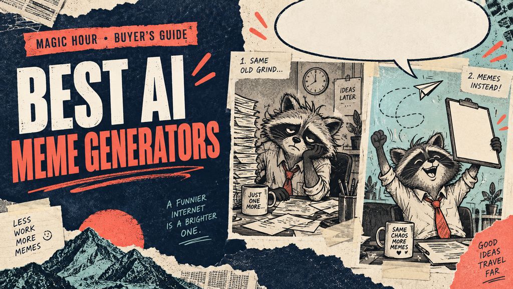 Editorial illustration for best AI meme generators: an original comic raccoon at an office desk with editable caption panels