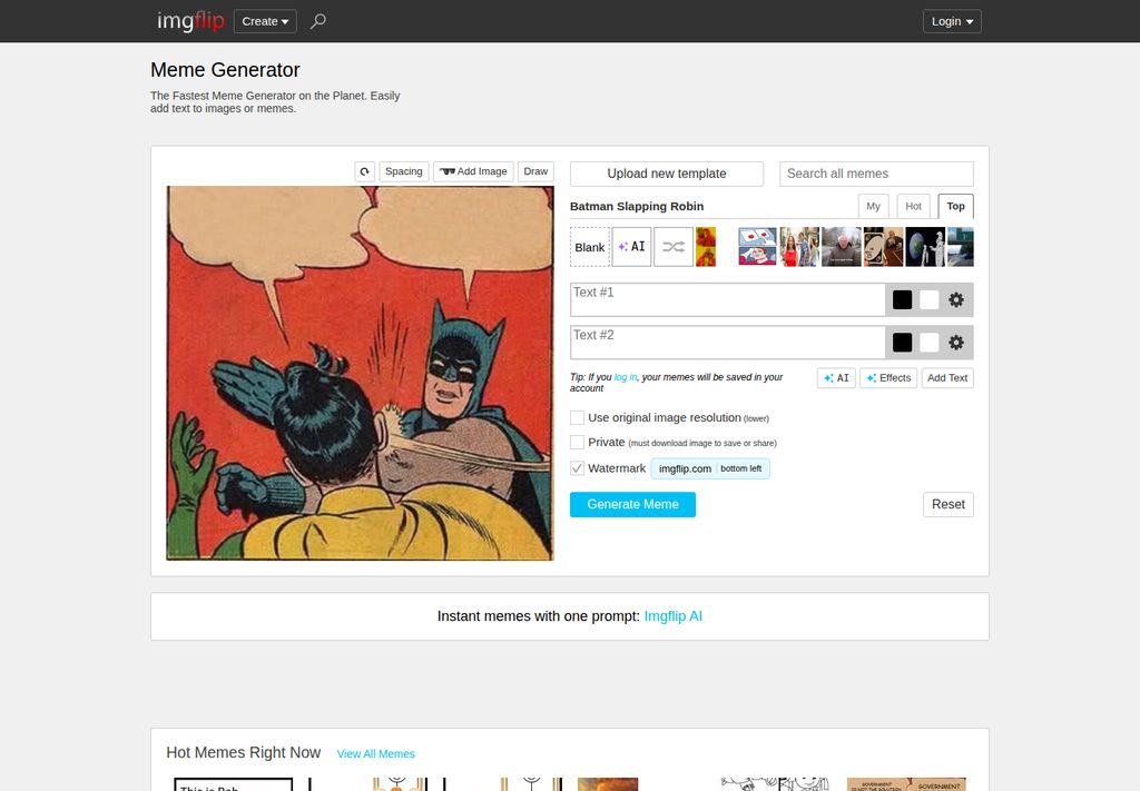 Imgflip meme editor showing upload, caption text boxes and watermark controls, captured October 14, 2026 Pacific