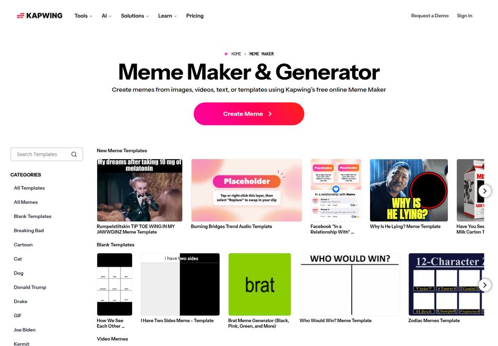 Kapwing official meme maker page showing image and video template categories, captured October 14, 2026 Pacific
