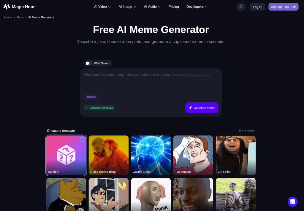 Magic Hour meme generator interface with topic input and a choice of templates, captured October 14, 2026 Pacific