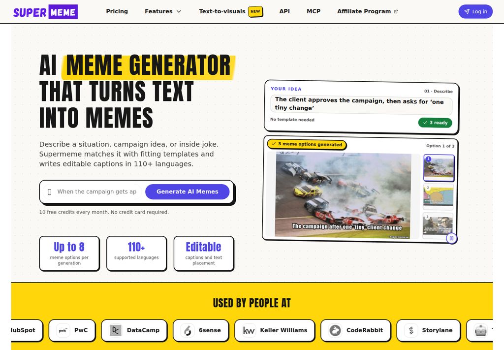 Supermeme official page showing editable captions and template selection, captured October 14, 2026 Pacific
