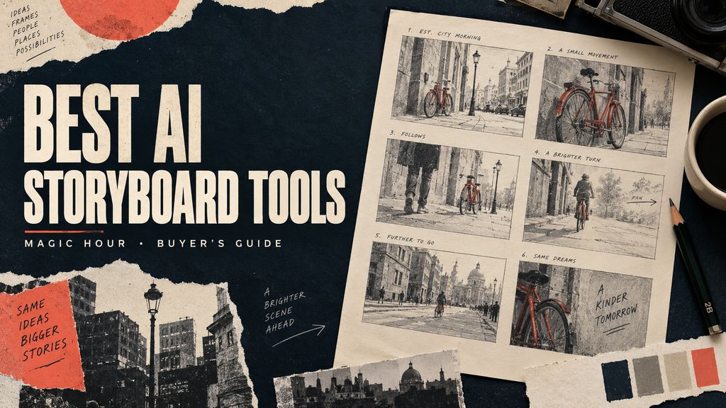 Editorial cover for best AI storyboard tools, with a pencil-drawn bicycle sequence on a filmmaker desk