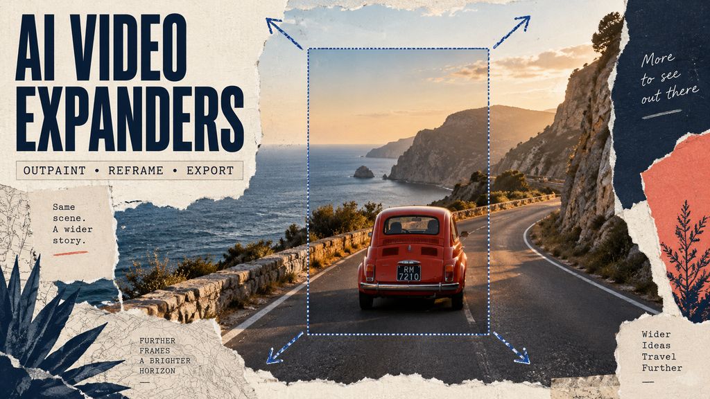 Editorial illustration of a portrait coastal-road frame expanded into a landscape canvas; conceptual artwork, not a generated product result.
