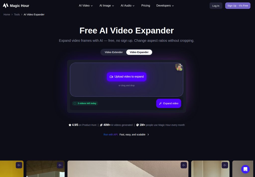 Magic Hour public AI Video Expander interface with video upload, expansion button and three remaining guest attempts, captured October13,2026.