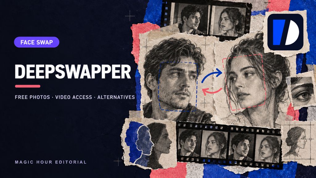 DeepSwapper face swap guide: illustrated portraits, official DeepSwapper mark, free photo and video access questions