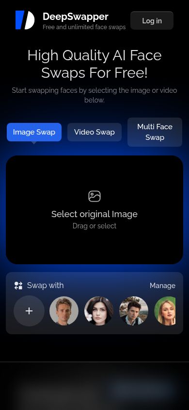 DeepSwapper public mobile interface on October 12, 2026 showing original image, replacement faces and image, video and multi-face tabs before an upload
