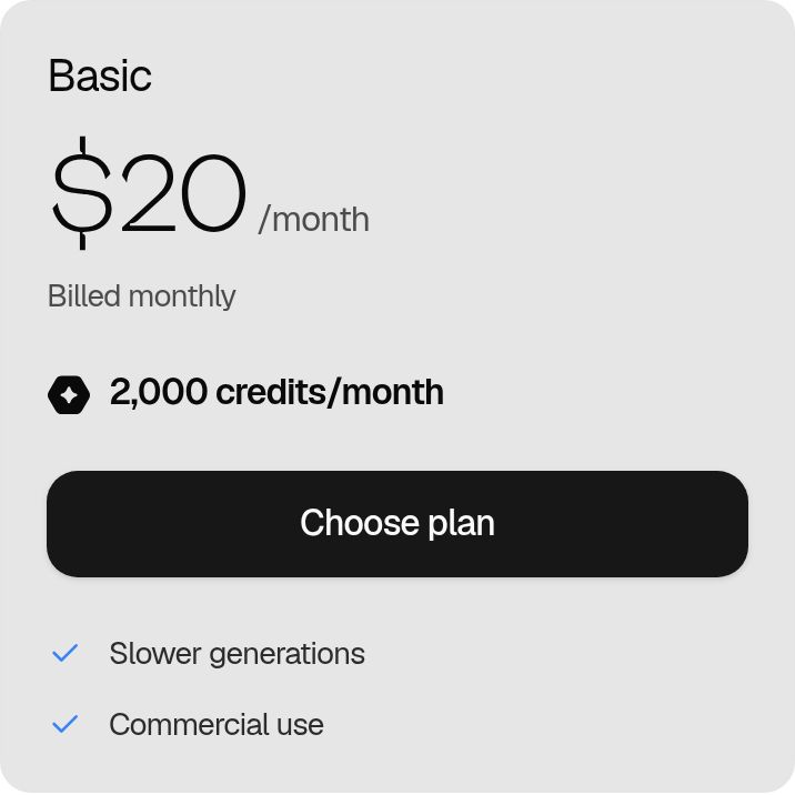 Hedra Basic monthly plan: $20 per month with 2,000 credits and commercial use, captured October 10, 2026