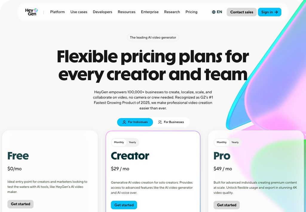 HeyGen official pricing page screenshot (heygen-pricing), September 25, 2026