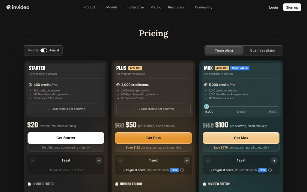 InVideo official pricing page screenshot (invideo-pricing), September 25, 2026