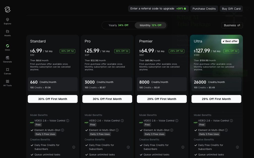 Kling official pricing page screenshot (kling-pricing), September 25, 2026