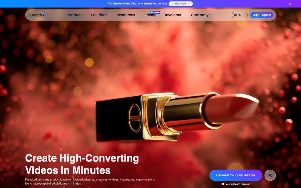 KreadoAI official product page screenshot (kreado-product), September 25, 2026