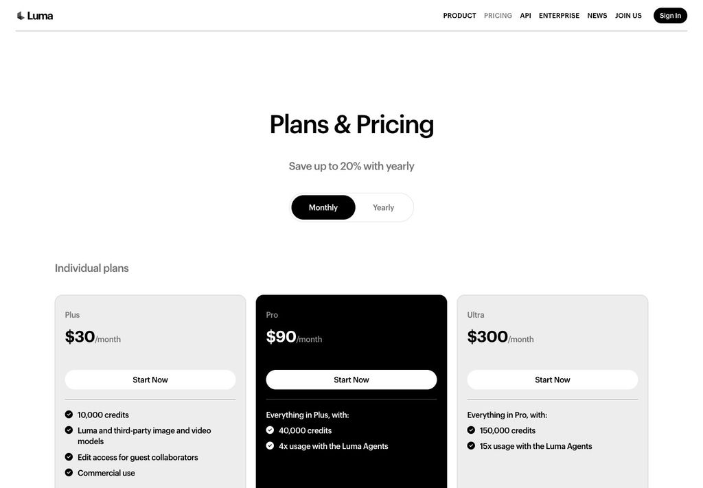 Luma official pricing page screenshot (luma-pricing), September 25, 2026