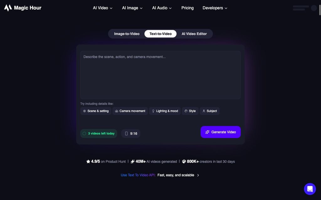 Magic Hour official workflow page screenshot (magic-hour-textvideo), September 25, 2026