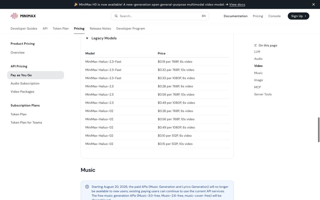 MiniMax Hailuo 2.3 official legacy-model API pricing table, September 25, 2026
