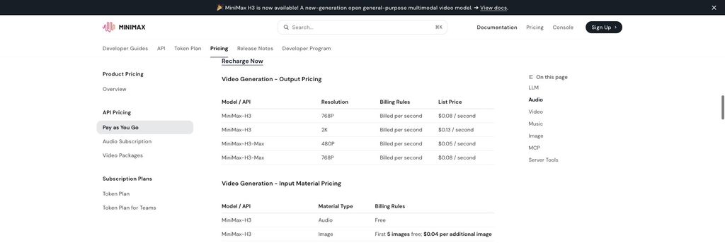 MiniMax H3 official API output pricing table, September 25, 2026