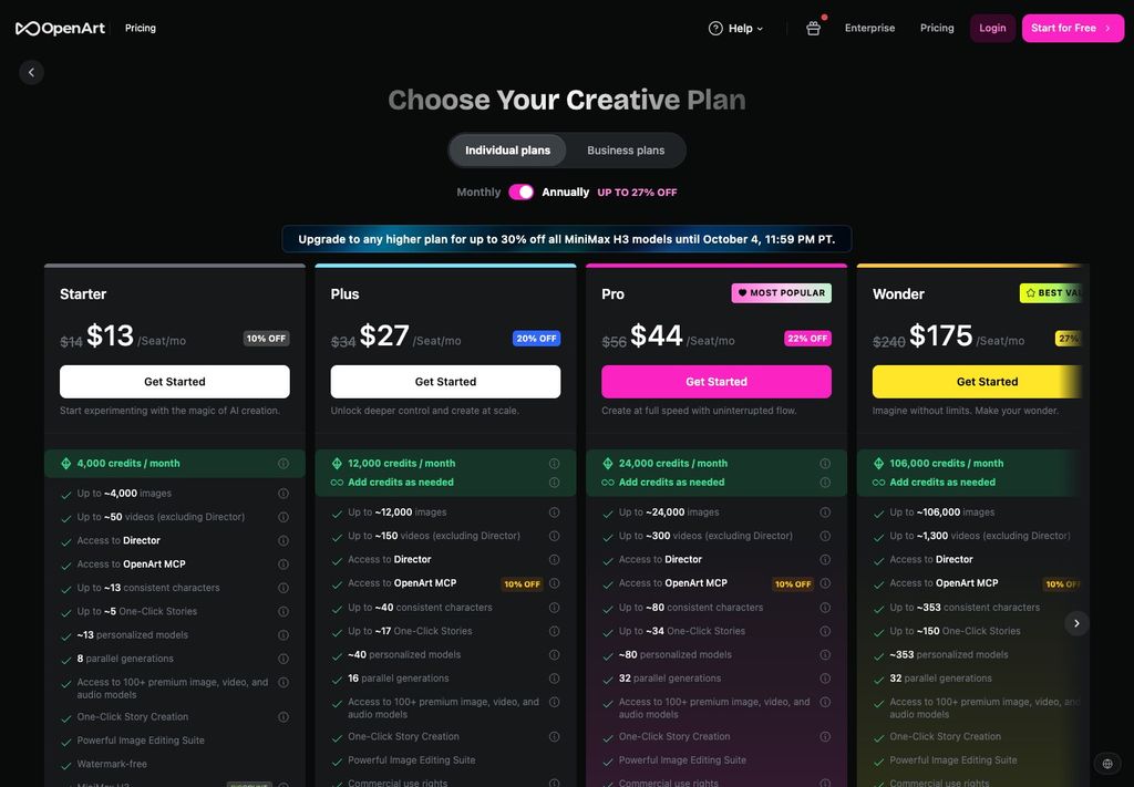 OpenArt official pricing page screenshot (openart-pricing), September 25, 2026